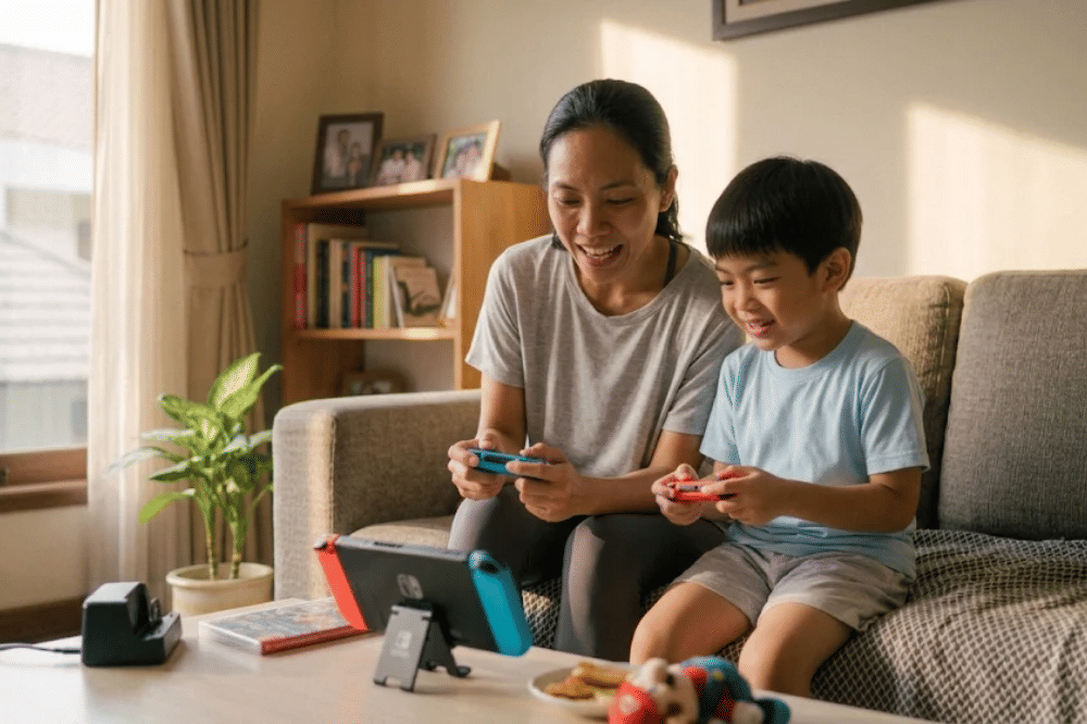 Orangtua dan anak sedang bermain Nintendo Switch