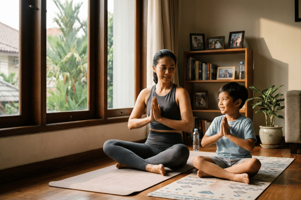 Orangtua dan anak sedang yoga bersama