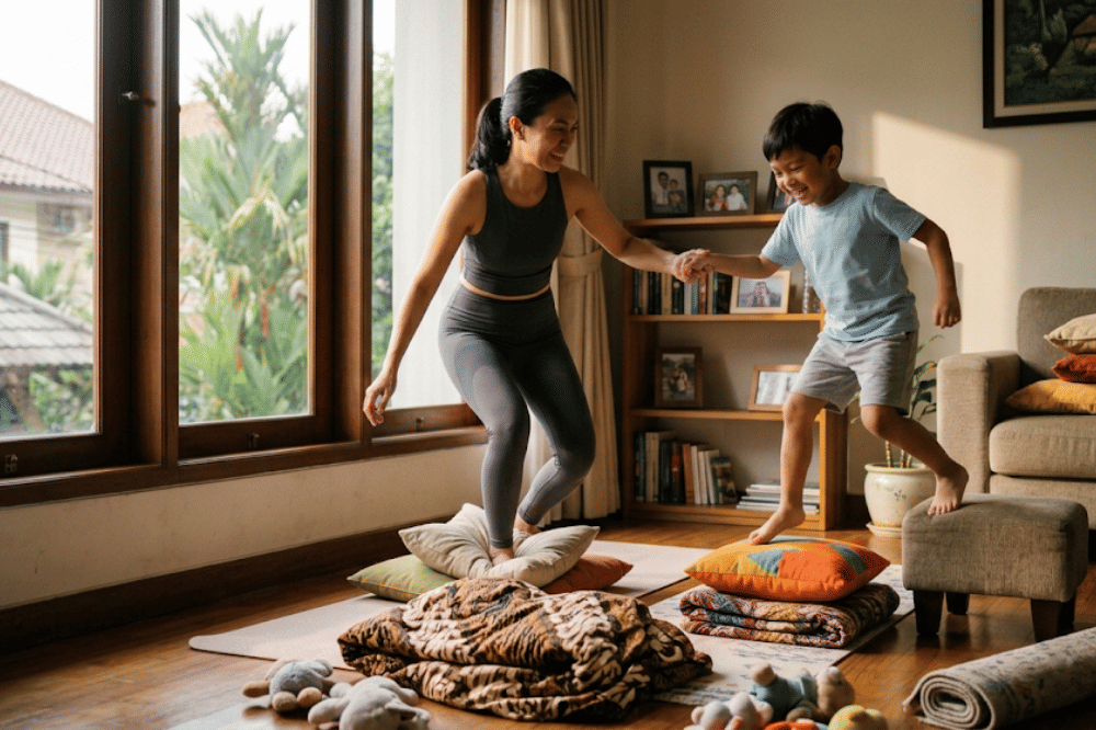 Orangtua dan anak sedang bermain Floor is Lava