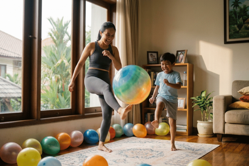 Orangtua dan anak sedang bermain balon