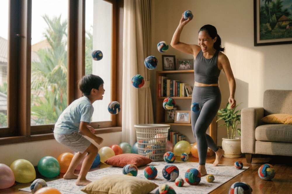 Orangtua dan anak sedang bermain bola kaos kaki