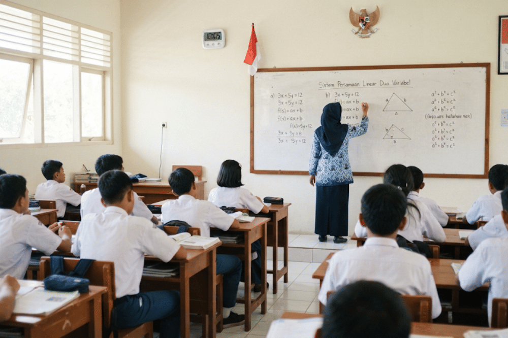 Situasi guru SMP sedang mengajar di kelas