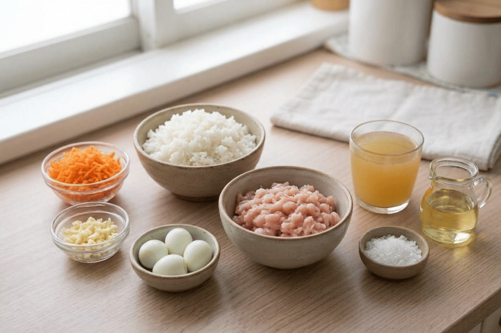Bahan-bahan bubur ayam wortel telur puyuh