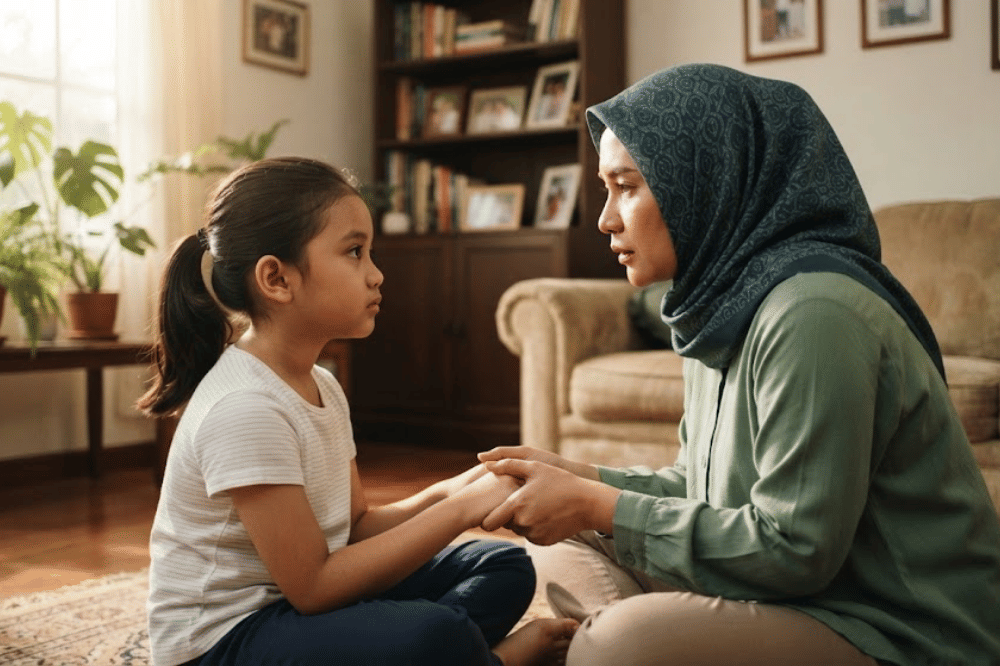 Anak yang sedang diajarkan menghadapi konflik oleh ibunya