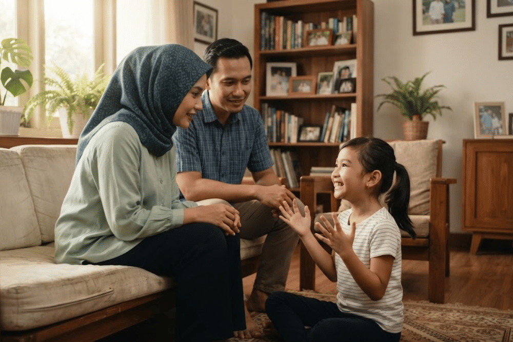 Anak perempuan yang sedang bercerita kepada orang tuanya