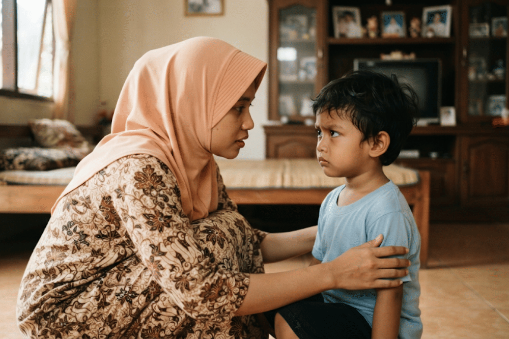 Anak yang sedang dinasehati oleh orangtuanya