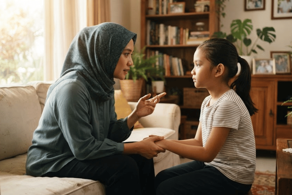 Anak perempuan yang sedang diajarkan batasan oleh ibunya