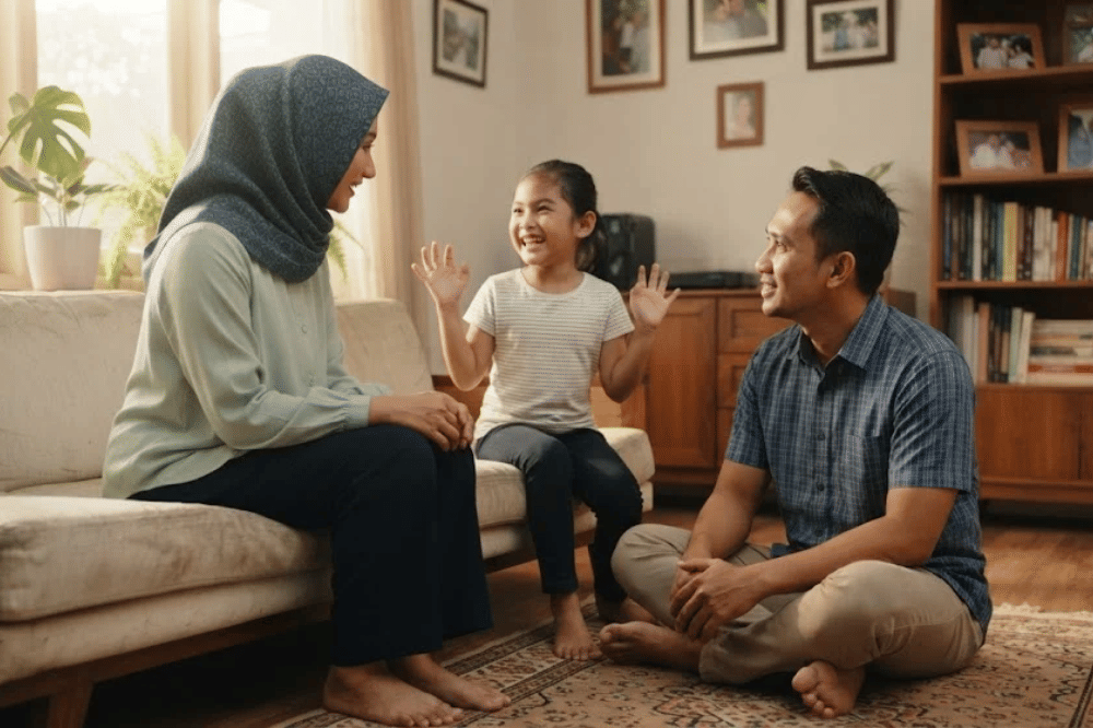 Anak perempuan yang sedang bercerita kepada orang tuanya
