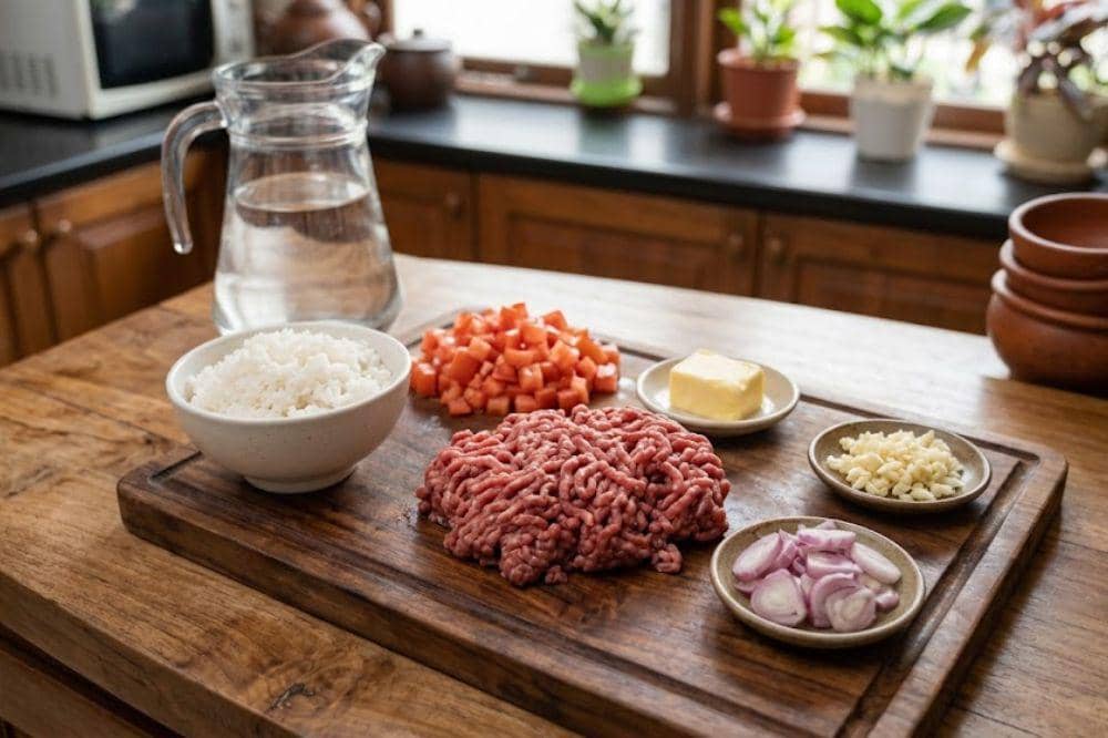 Bahan-bahan membuat bubur tomat dan daging sapi