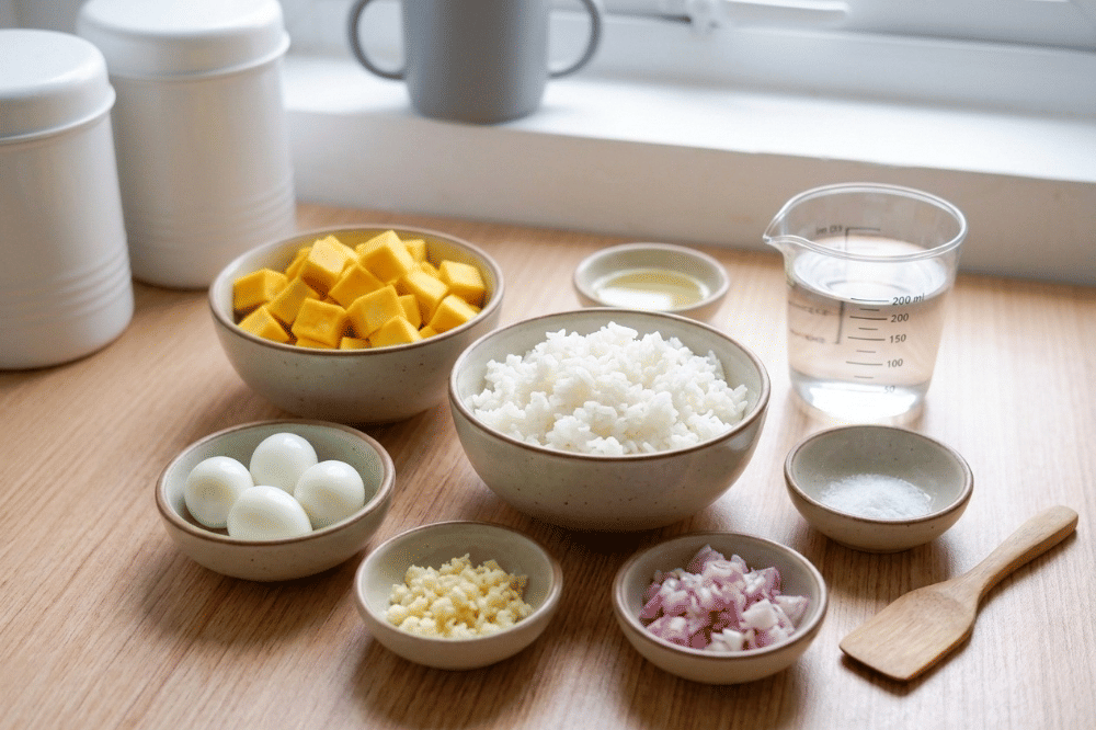 Bahan-bahan bubur labu dan telur puyuh