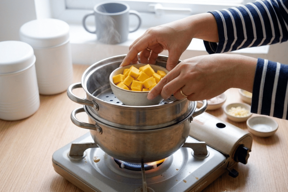 Cara membuat bubur labu dan telur puyuh
