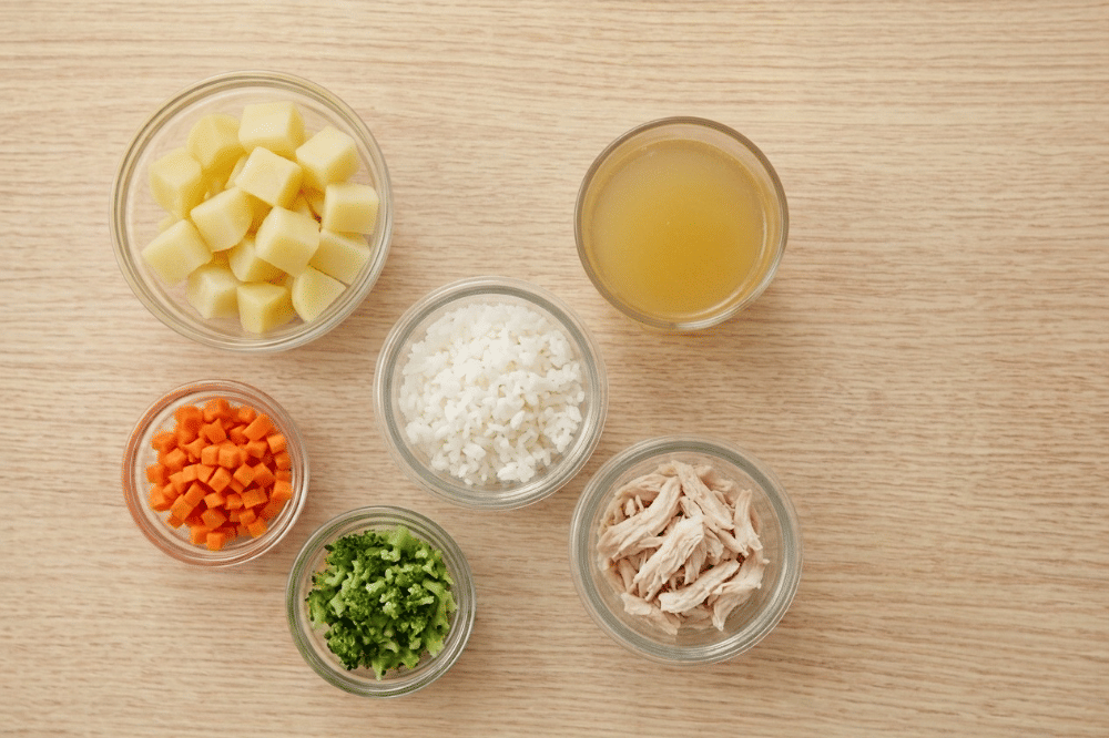 Bahan-bahan bubur kentang dan dada ayam