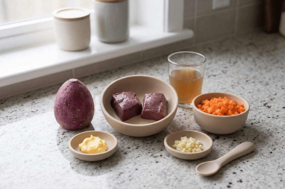Bahan-bahan puree ubi dan hati sapi