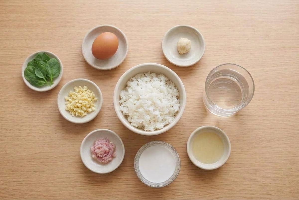 Bahan-bahan bubur telur dan bayam