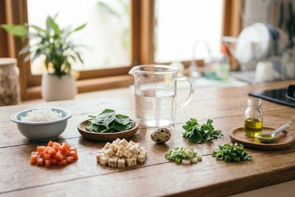 Bahan-bahan membuat bubur bayam, tempe, tomat, dan telur