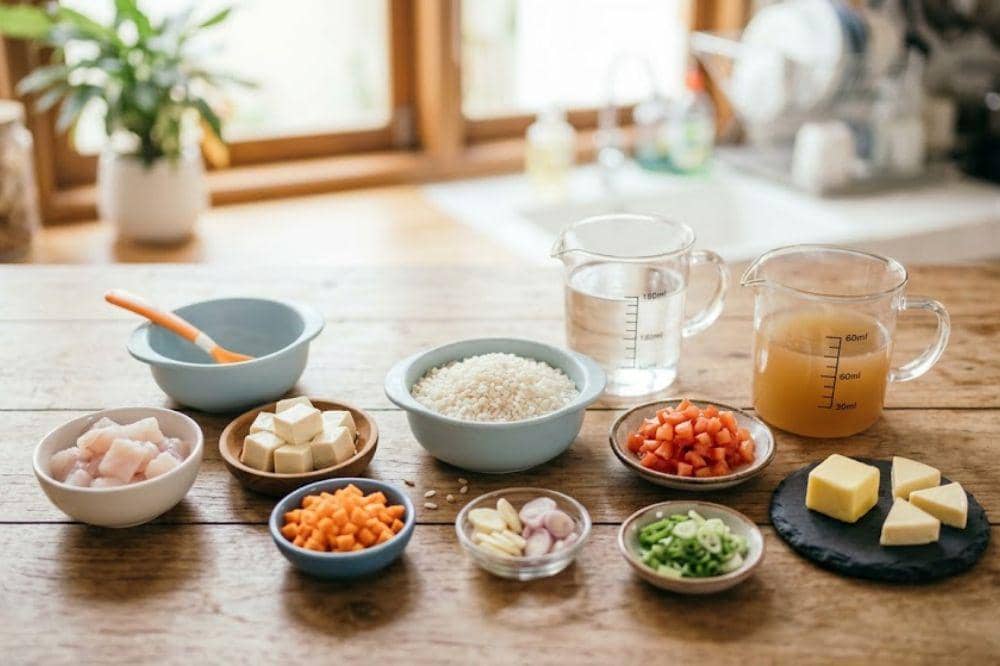 Bahan-bahan membuat bubur dori, tahu, dan tomat