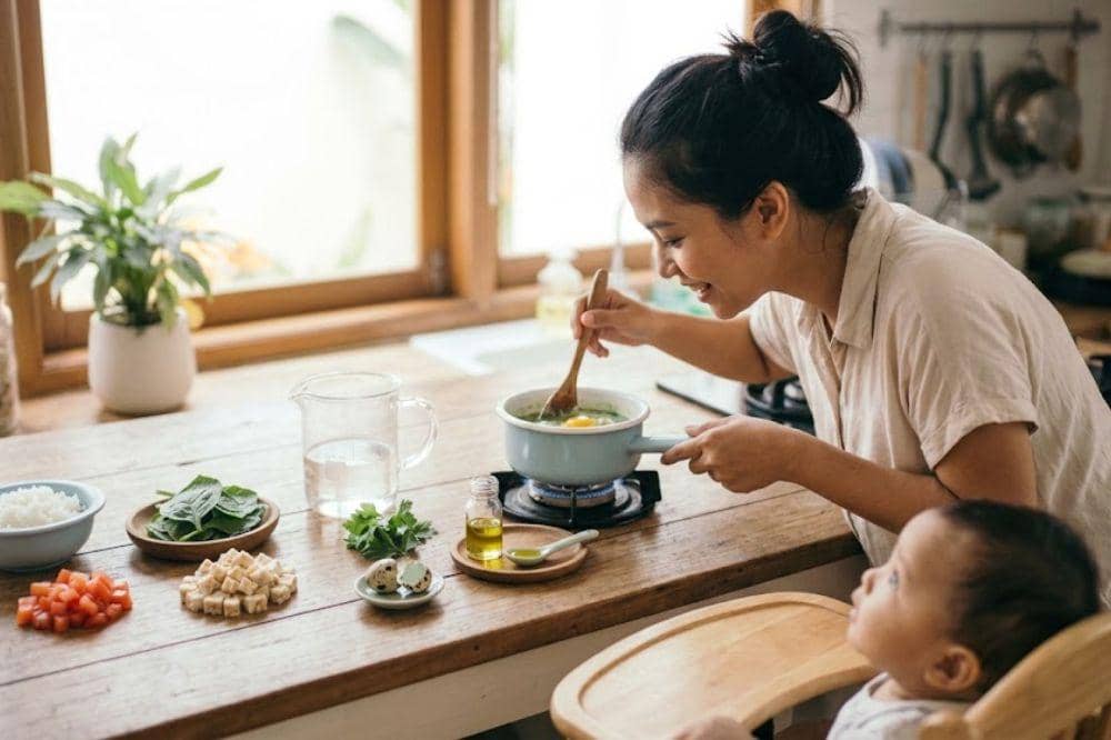 Cara membuat bubur bayam, tempe, tomat, dan telur
