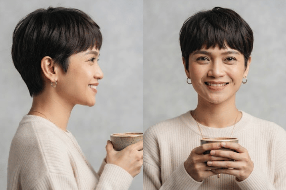 Classic pixie cut dengan poni samping yang manis
