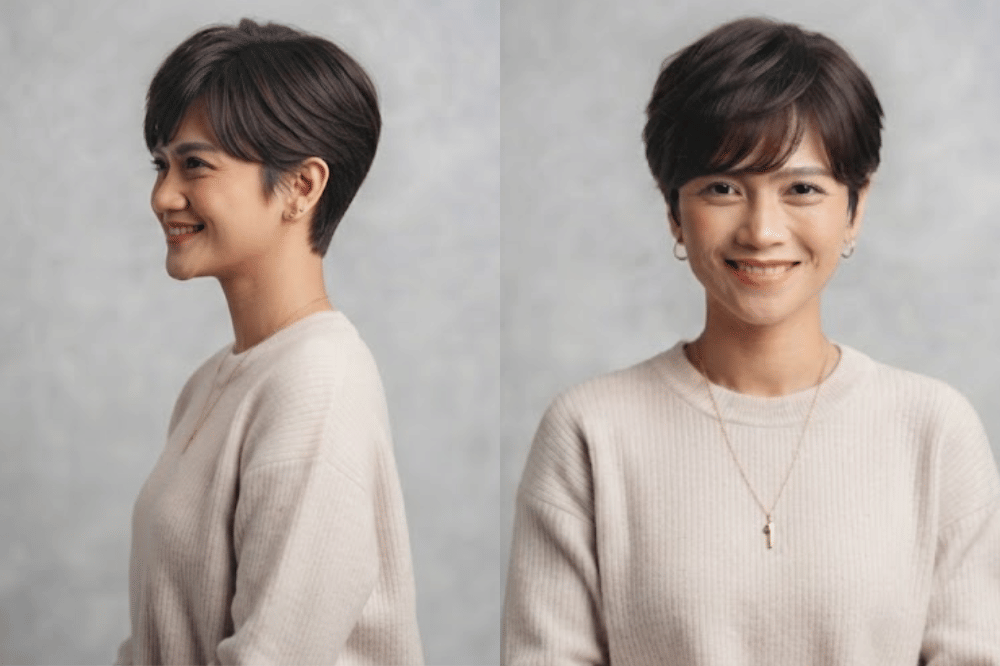 Layered pixie dengan sentuhan soft fringe yang elegan
