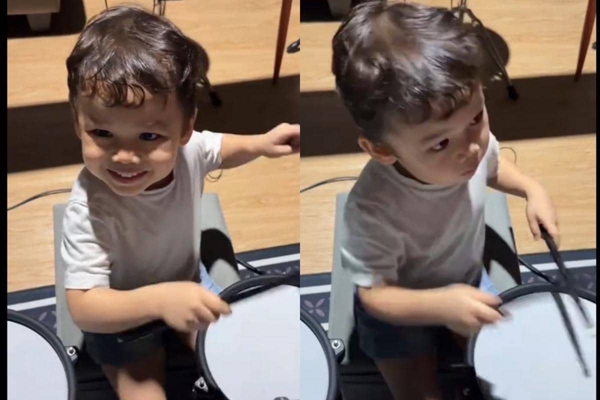 Ken sangat antusias saat memainkan drum set