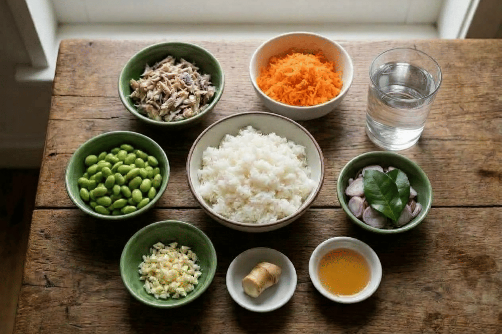 Bahan-bahan bubur ikan kembung dan edamame