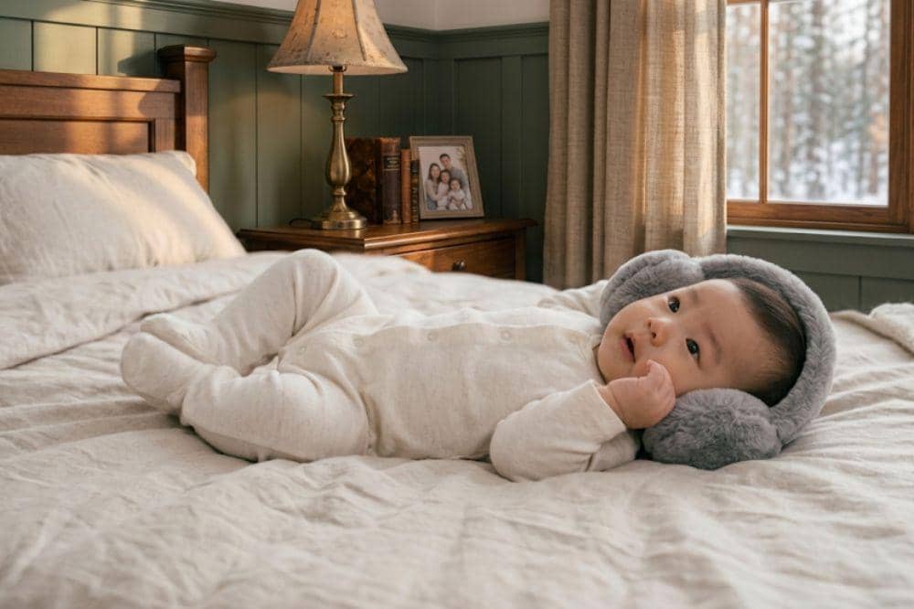 Pilih earmuff dengan headband elastis untuk bayi usia 0–6 bulan