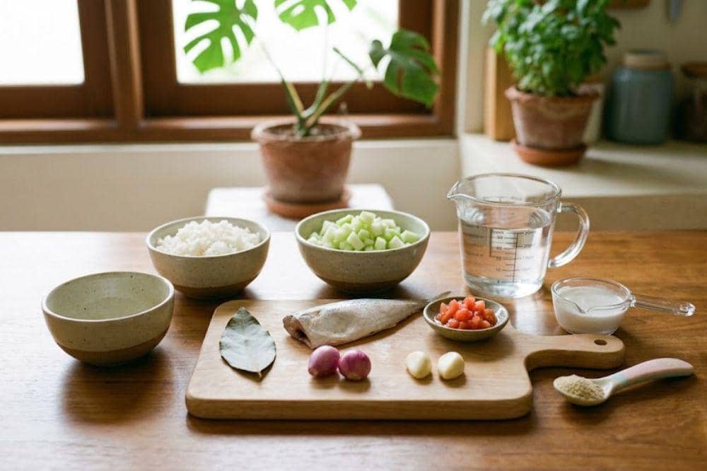 Bahan-bahan membuat bubur ikan kembung, labu siam, dan santan