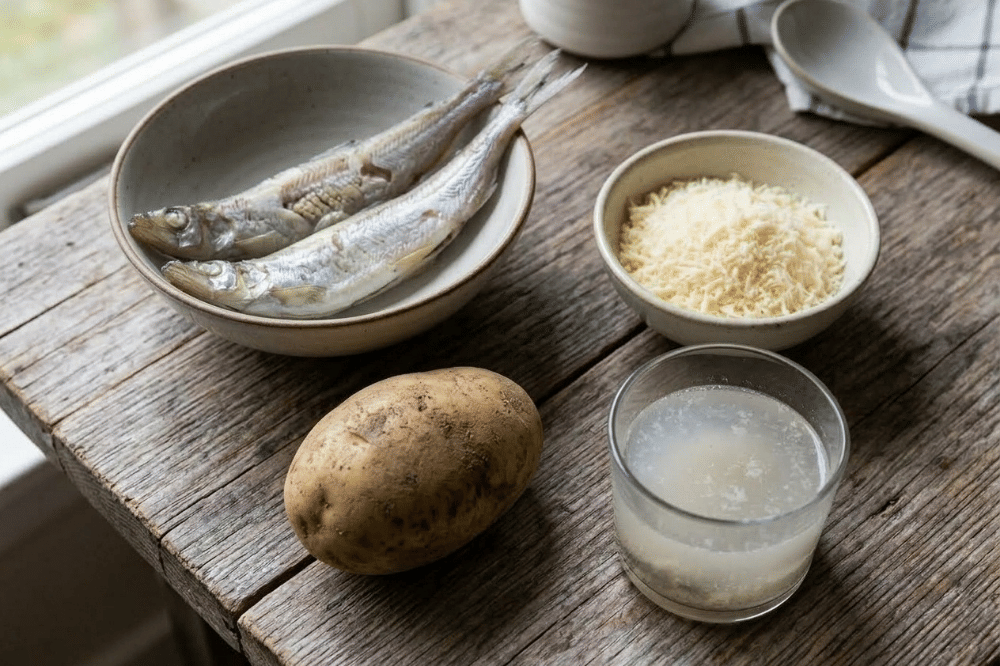 Bahan-bahan puree shisamo dengan kentang dan keju