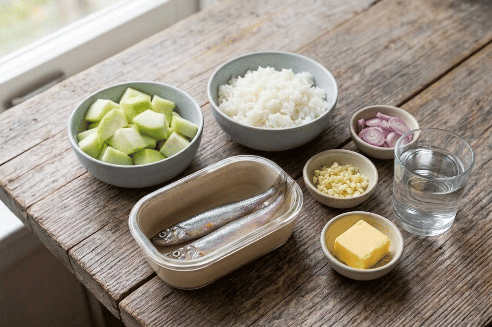 Bahan-bahan bubur shisamo dengan labu siam