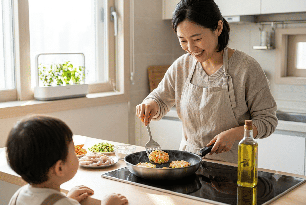 Mama sedang memasak resep Korean toddler pancake