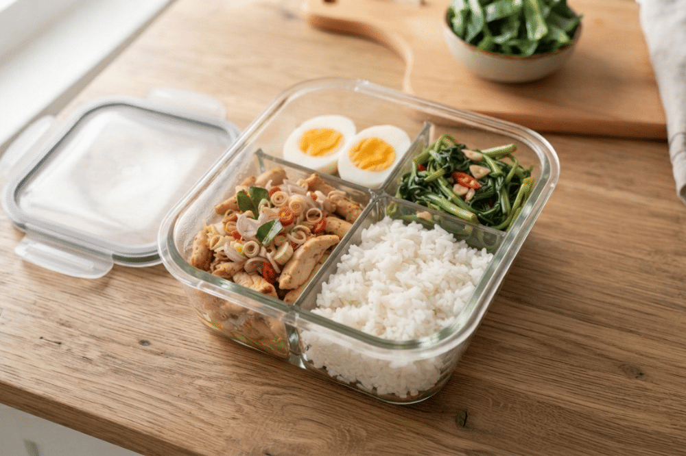 Minggu: Ayam Sambal Matah, Telur Rebus, dan Tumis Kangkung