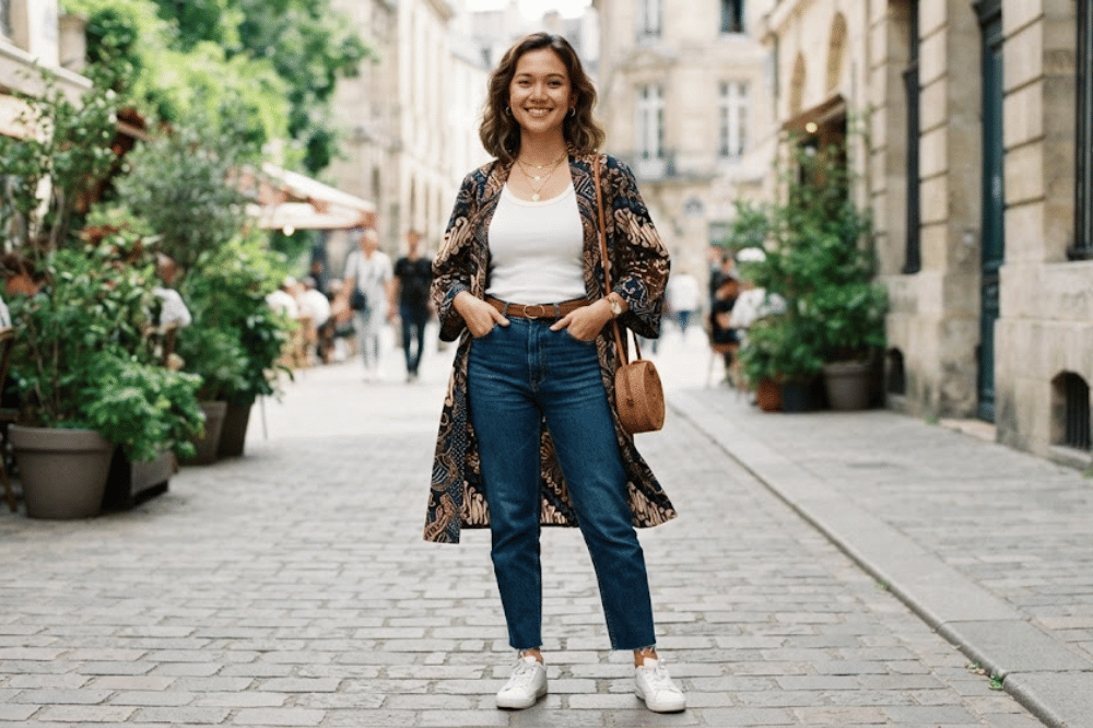 Outer batik dan high-waist jeans