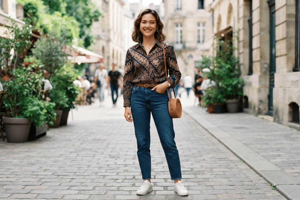 Kemeja batik klasik dan straight-leg jeans