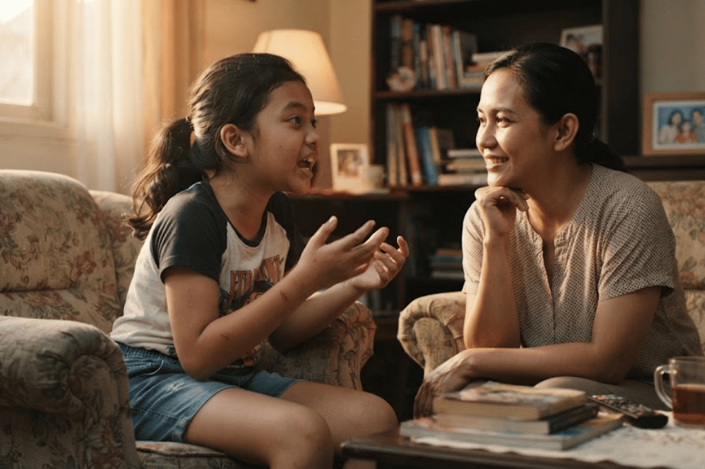 Anak perempuan yang sedang bercerita kepada mamanya