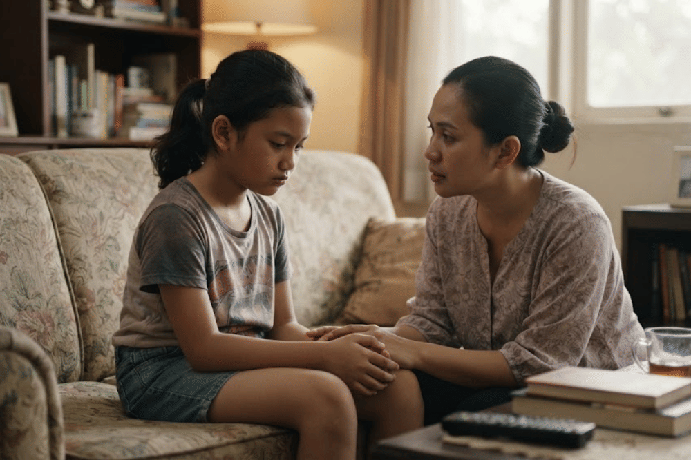 Anak perempuan yang sedang dinasehati oleh mamanya