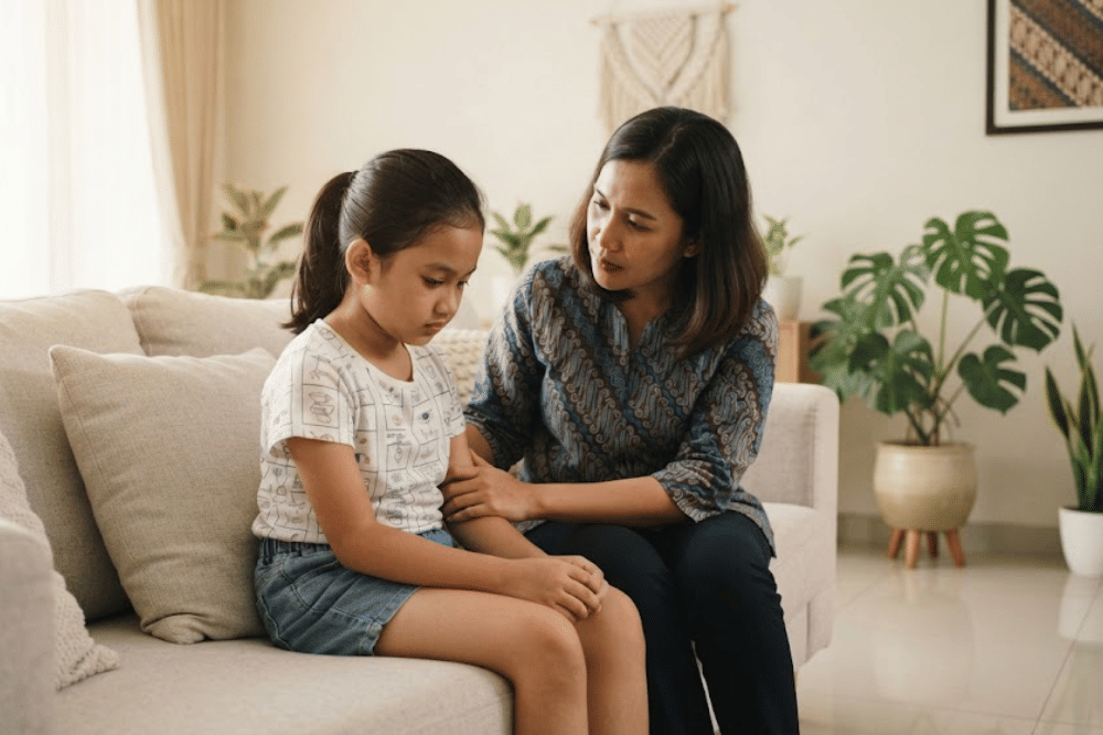 Anak perempuan sedang dinasehati oleh mamanya