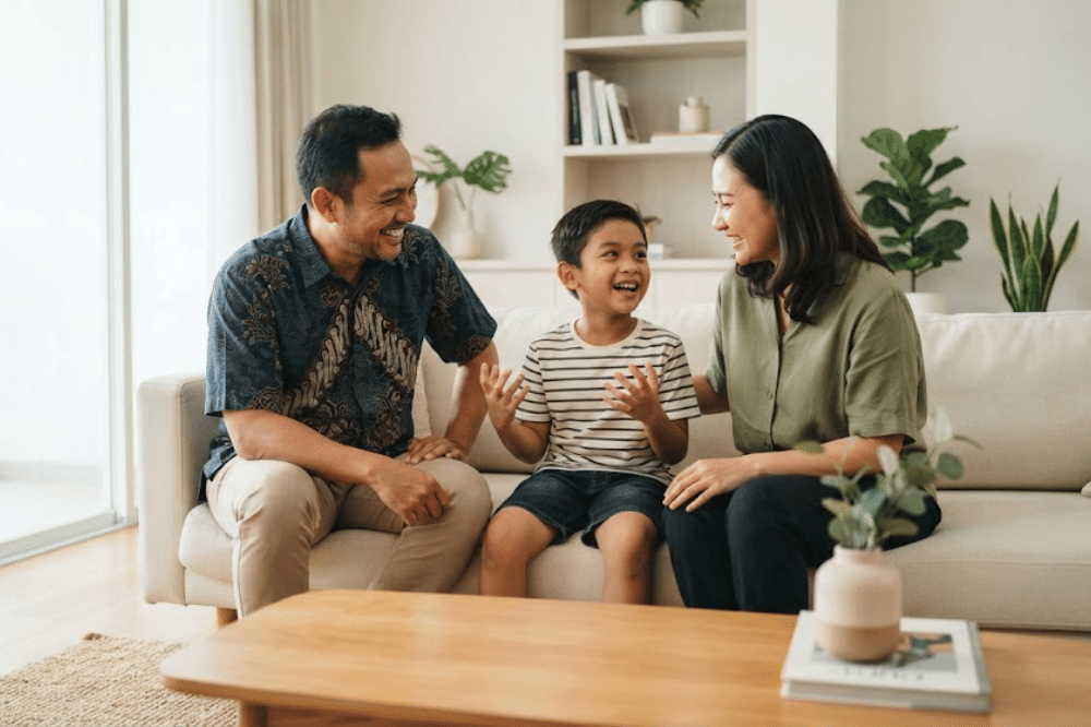 Seorang anak sedang cerita pada orangtuanya