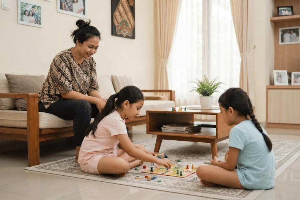 Anak sedang bermain dengan temannya dan diawasi mamanya