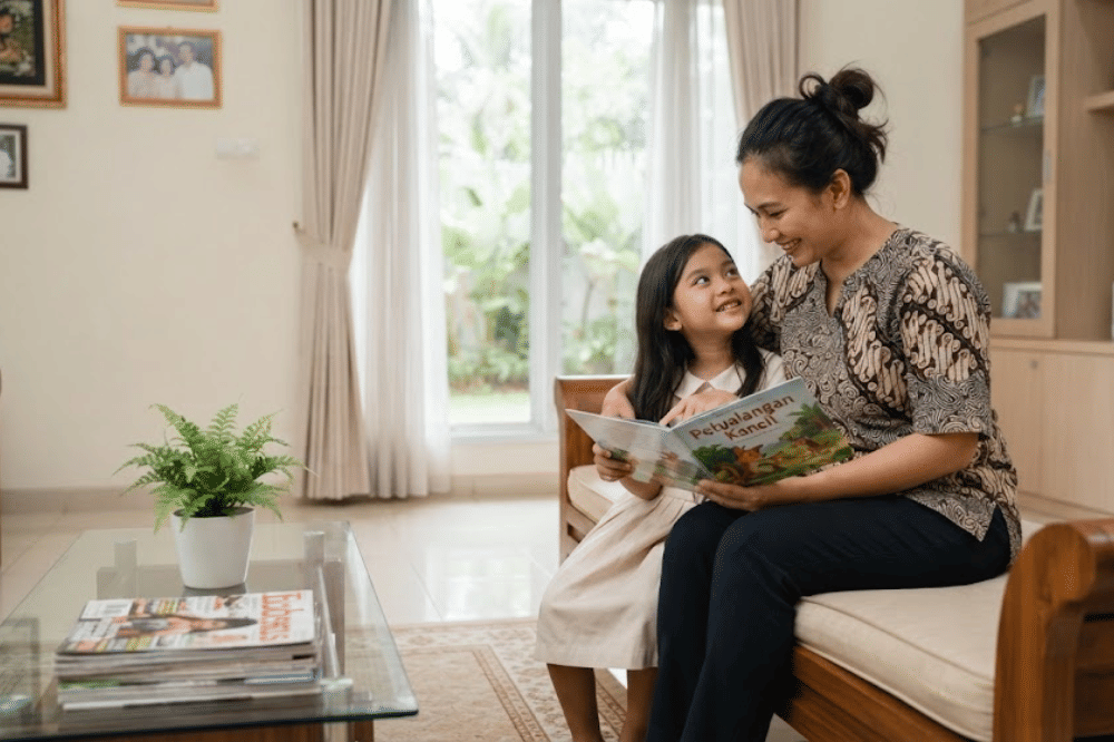 Anak sedang membaca buku dengan mamanya