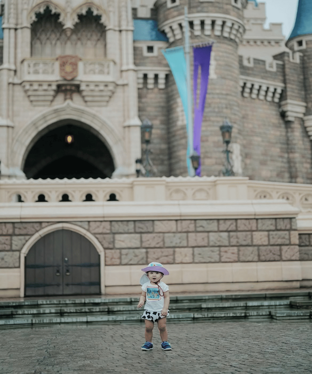 Andrew berfoto sendirian di depan istana Disneyland