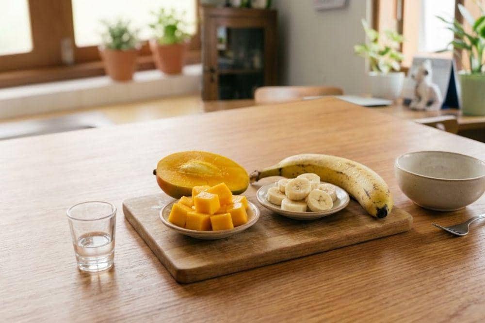 Bahan-bahan membuat mangga dan pisang tumbuk untuk MPASI