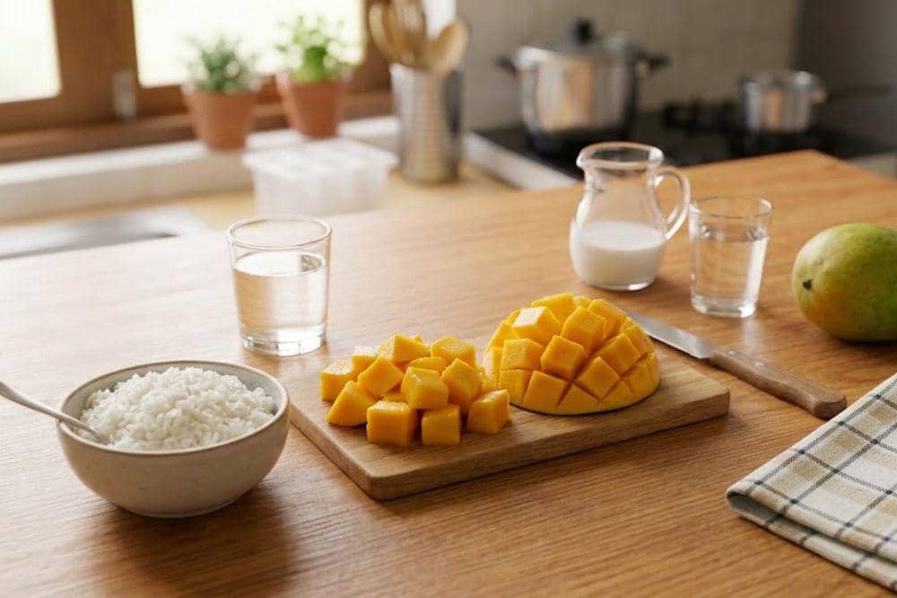 Bahan-bahan membuat mango rice pudding untuk camilan bayi