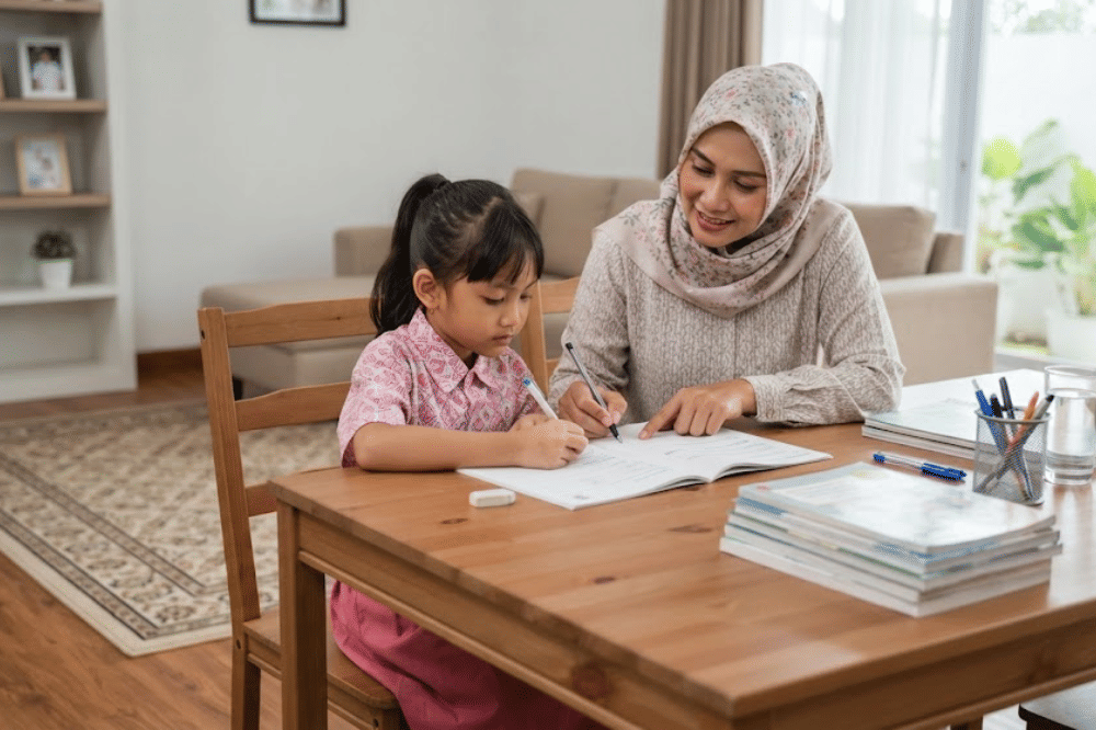 Mama sedang mengajarkan anak perempuannya