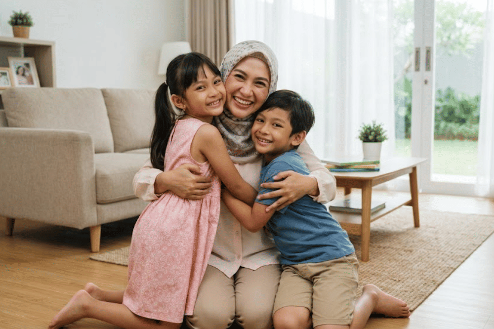 Mama memeluk anak perempuan dan anak laki-lakinya