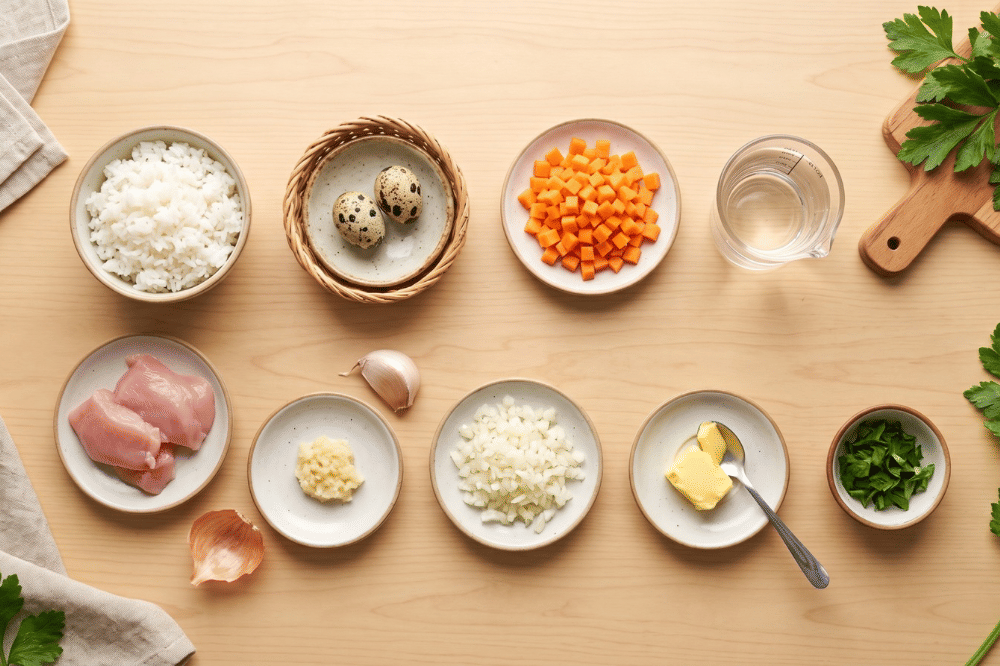 Bahan-bahan bubur ayam kukus dan telur puyuh