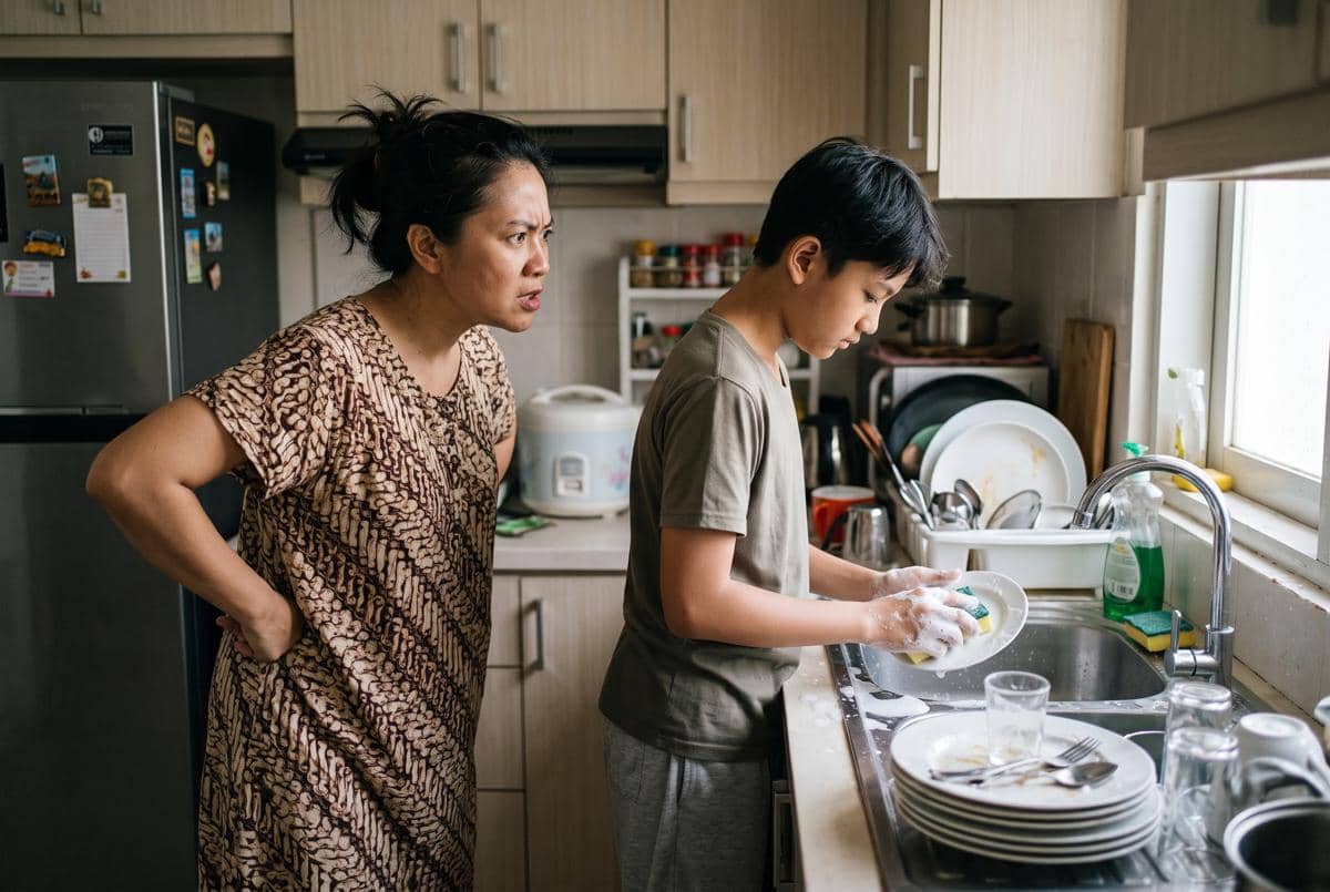 Mama memarahi anak ketika cuci piring