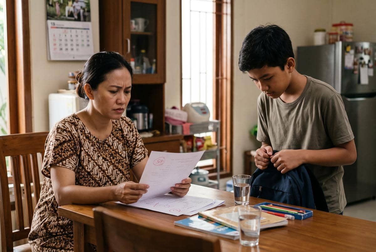 Mama terlihat kecewa dengan hasil ulangan anak