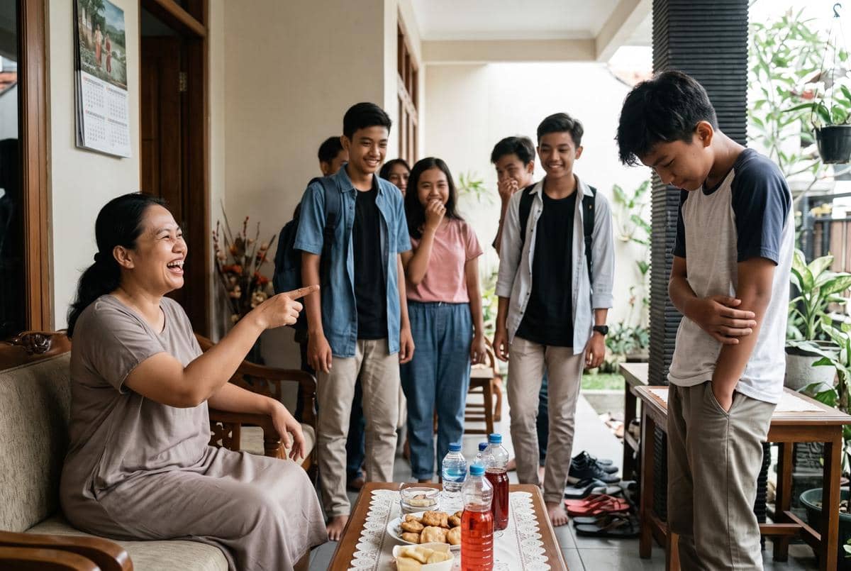 Mama menertawakan anak remaja laki-laki di depan temannya