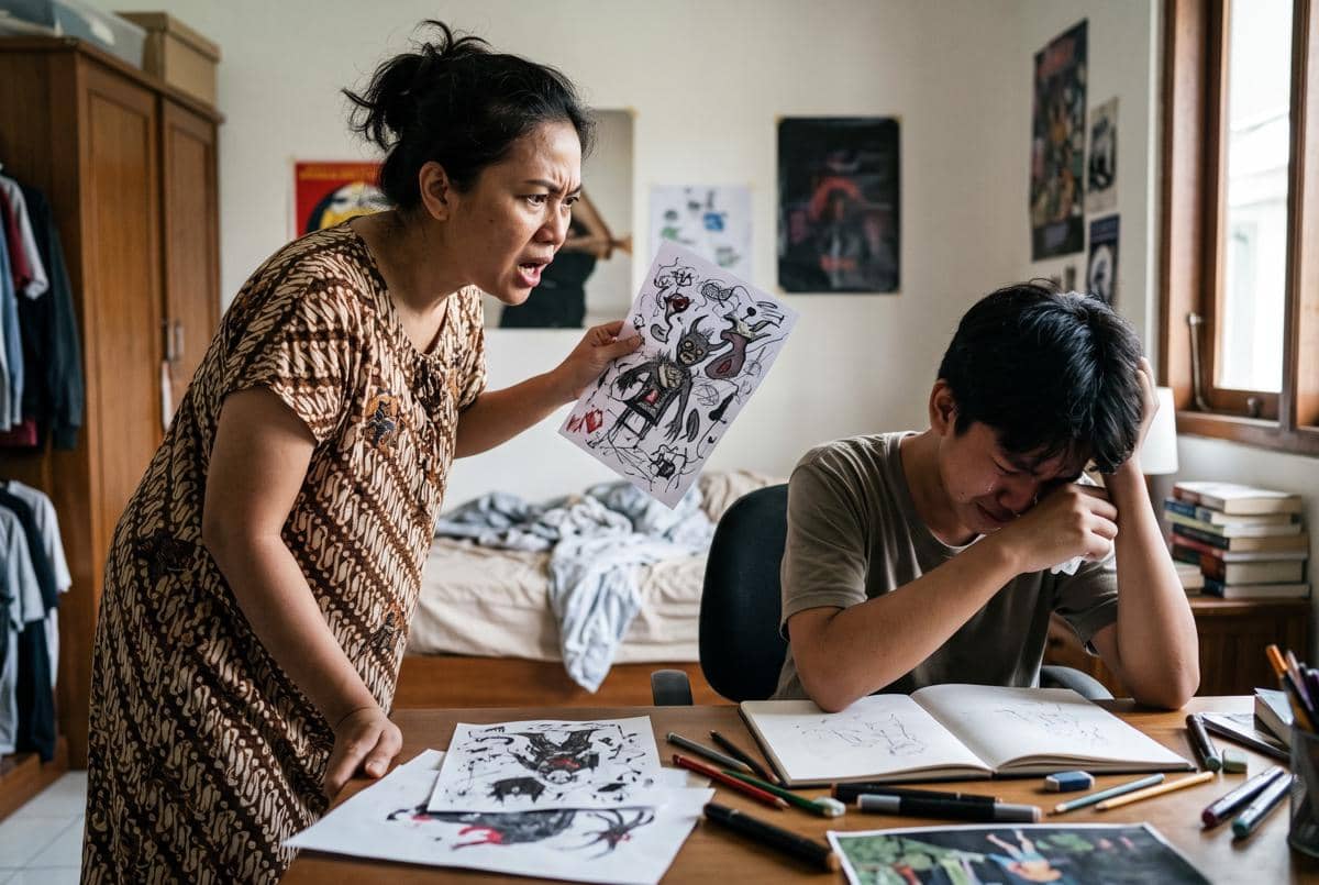 Anak remaja laki-laki menangis karena Mama