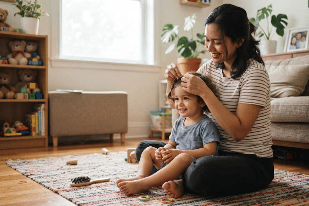Mama sedang merapihkan rambut anaknya